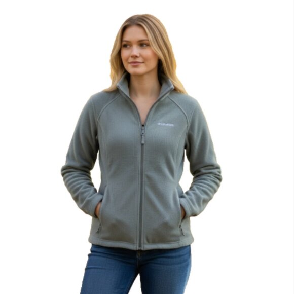 Columbia Women’s Fleece Jacket Size Large Green Fuzzy Full Zip Pockets EUC - Picture 9 of 14